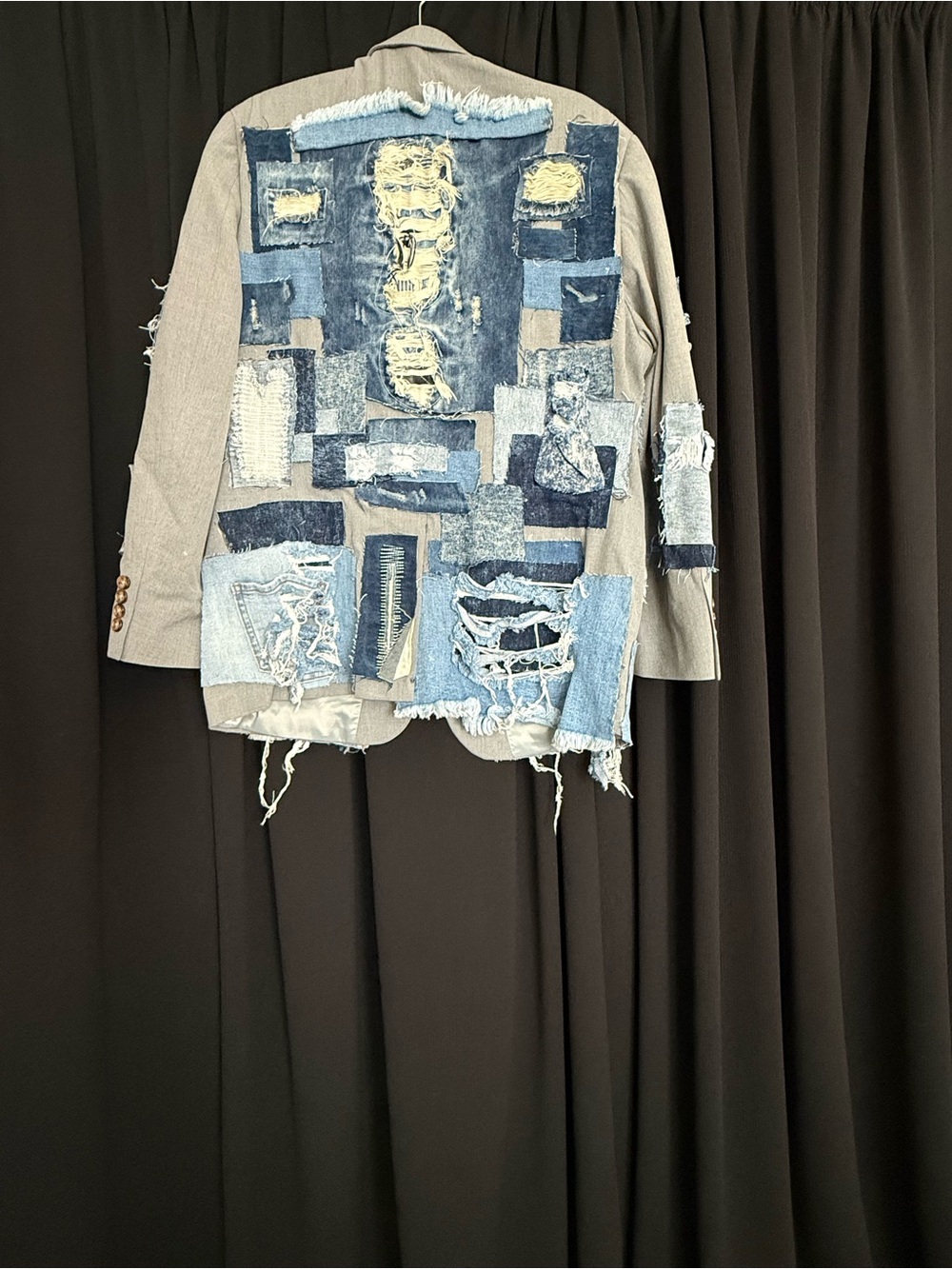 Gray Blazer with Distressed Denim Patchwork - Picture 2 of 2
